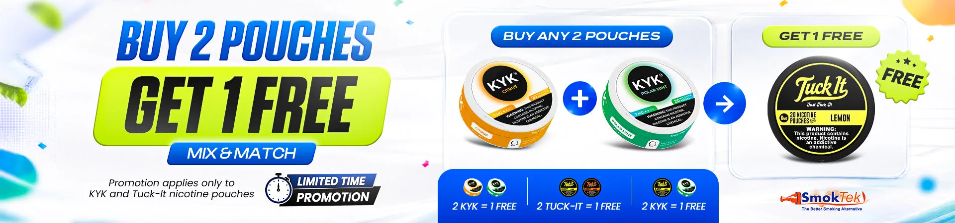 Promotional banner for nicotine pouches — buy 2 get 1 free